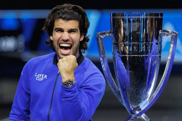 Carlos Alcaraz of Team Europe celebrates winning the 2026 Laver Cup at The O2 Featuring: Carlos Alcaraz Where: London, United Kingdom When: 27 Sep 2026 Credit: Alex Cropper Cover Images EDITORIAL USE ONLY. NOT FOR USE BY NEWSPAPERS BASED IN THE UK. Copyright: xx coverimg56064225
