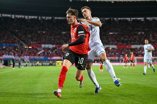 SOCCER - NL, AUT vs KOS VIENNA,AUSTRIA,27.SEP.26 - SOCCER - UEFA Nations League, OEFB international match, Länderspiel, Nationalmannschaft Austria vs Kosovo. Image shows Paul Wanner (AUT) and Ilir Krasniqi (KOS).  GEPAxpictures xAvnixRetkoceri