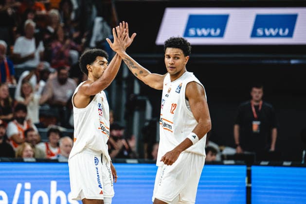 Neu Ulm, Germany, September 27, 2026: Ibi Watson of ratiopharm Ulm and Michael Rataj of ratiopharm Ulm gesticulate, gesturing during the Basketball Bundesliga game between ratiopharm ulm and Fitness First Würzburg Baskets at the ratiopharm Arena on September 27, 2026, in Neu Ulm, Germany. Photo by Harry Langer, DeFodi Images, ratiopharm Arena, Germany, September 27, 2026 Ibi Watson of ratiopharm Ulm and Michael Rataj of ratiopharm Ulm gesture during the Basketball Bundesliga match between ratiopharm Ulm and Fitness First Würzburg Baskets at Neu Ulm on September 27, 2026 at the ratiopharm Arena, Germany. Photo by Harry Langer, DeFodi Images. Photo by Harry Langer, DeFodi Images