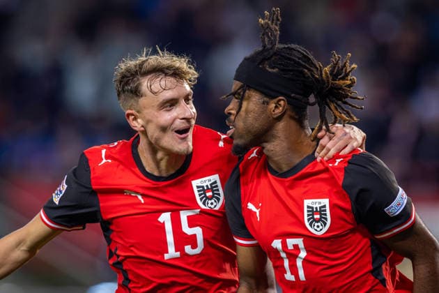 AUSTRIA - KOSOVO Carney Chukwuemeka of Austria and Borussia Dortmund celebrates a goal with Nikolas Veratschnig of Austria and Red Bull Salzburg during UEFA Nations League - League B - Group B3 - Matchday 2 - football match between Austria and Kosovo. Ernst Happel Stadion, Vienna, Austria, September 27, 2026. Photo by Branislav Racko Copyright: xx 080A3399