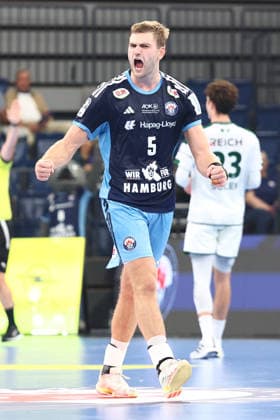 Handball Bundesliga HBL 2026 2027 - 27.09.2026 - Handball Club Hamburg HCH vs HSG Wetzlar . Oliver Norlyk ( HC Hamburg ) jubelt . Jubel .