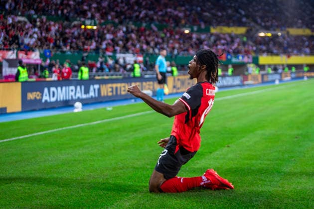 AUSTRIA - KOSOVO Carney Chukwuemeka of Austria and Borussia Dortmund celebrates a goal during UEFA Nations League - League B - Group B3 - Matchday 2 - football match between Austria and Kosovo. Ernst Happel Stadion, Vienna, Austria, September 27, 2026. Photo by Branislav Racko Copyright: xx _BRR9664