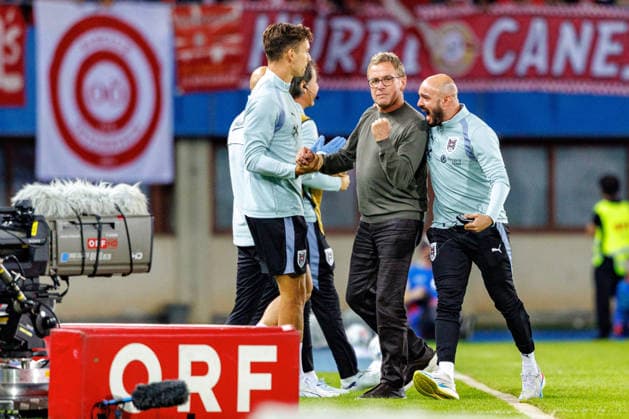 VIENNA, AUSTRIA - 27 SEPTEMBER 2026: Image shows Head Coach Rangnick Ralf (Austria) celebrating the second goal for Austria during UEFA Nations League 2026 27 League B, Group B3, Matchday 2: Austria vs Kosovo at Ernst-Happel-Stadion on 27 09 2026 in Vienna, Austria. Austria Copyright: xFröhlichxPascalx