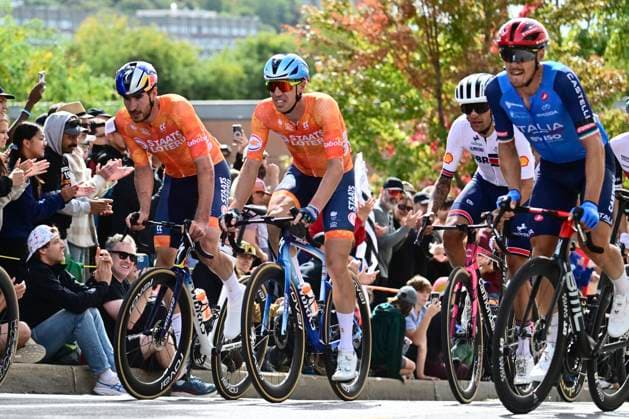 UCI 2026 Road World Championship, WM, Weltmeisterschaft Montreal 27 09 2026 MONTREAL, CANADA - SEPTEMBER 27 : Eenkhoorn Pascal (NED), Van Dijke Tim (NED) , Trentin Matteo (ITA) during the Men Elite cycling road race of the 2026 UCI Road World Championships 93th edition an UCI World Championships cycling race of 273.4 km with start in Montreal and finish in Montreal on September 27, 2026 in Montreal, Canada, 27 09 2026 Montreal Canada  Copyright: xPeterxDexVoechtx
