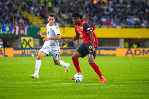 Soccer: Austria National Team, UEFA Nations League 2026–2027, League B, Group B3, Matchday 2, September 27, 2026: Austria (ÖFB) vs. Kosovo (FFK) at Ernst Happel Stadium, Vienna, Austria; Carney Chukwuemeka (Austria, No. 17) and Valmir Matoshi (Kosovo), 8 Copyright: xLukasxBierederx