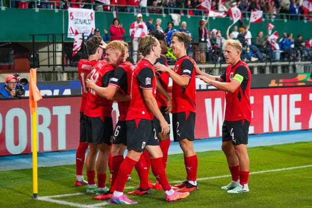 Soccer: Austria National Team, UEFA Nations League 2026–2027, League B, Group B3, Matchday 2, September 27, 2026 Austria (ÖFB) vs. Kosovo (FFK) Ernst Happel Stadium, Vienna, Austria Carney Chukwuemeka of Austria, 17, celebrates after scoring the goal that made it 3–0, goal celebration Copyright: xLukasxBierederx