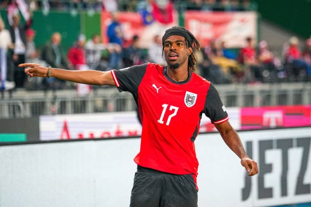 Soccer: Austria National Team, UEFA Nations League 2026–2027, League B, Group B3, Matchday 2, September 27, 2026, Austria (ÖFB) vs. Kosovo (FFK) at Ernst Happel Stadium, Vienna, Austria; Carney Chukwuemeka of Austria, age 17, celebrates scoring the goal that made it 3–0; goal celebration Copyright: xLukasxBierederx