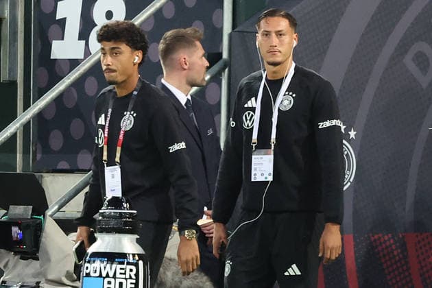 September 27, 2026, xrekx, Soccer, UEFA Nations League, Germany vs. Greece, Nathaniel Brown (Germany), Younes Ebnoutalib (Germany)—the first to take the field in Augsburg