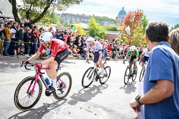 Danish Kasper Asgreen and American Kevin Vermaerke are pictured in action during the elite men Road Race race (273,7 km) at the cycling World Championship, WM, Weltmeisterschaft in Montreal, Canada, Sunday 27 September 2026. The UCI road world championships are taking place from 20 to 27 September, in Montreal, Canada. JASPERxJACOBS  x187998638x