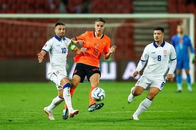 BELGRADE , 27-09-2026 , Rajko Mitic stadium , season 2026 2027 , UEFA Nations League football , Match between Serbia and The Netherlands , picture shows Netherlands player Joey Veerman and Serbia player Dusan Tadic Serbia - Netherlands  x207662689x Copyright: