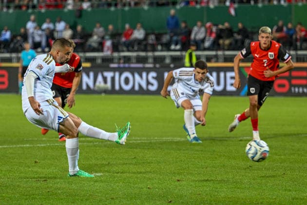 SOCCER - NL, AUT vs KOS VIENNA,AUSTRIA,27.SEP.26 - SOCCER - UEFA Nations League, OEFB international match, Länderspiel, Nationalmannschaft Austria vs Kosovo. Image shows Edon Zhegrova (KOS). Keywords: penalty, goal.  GEPAxpictures xAvnixRetkoceri