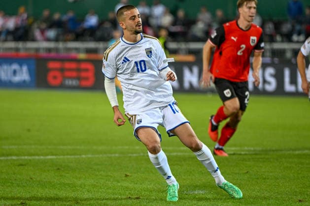 SOCCER - NL, AUT vs KOS VIENNA,AUSTRIA,27.SEP.26 - SOCCER - UEFA Nations League, OEFB international match, Länderspiel, Nationalmannschaft Austria vs Kosovo. Image shows Edon Zhegrova (KOS). Keywords: penalty, goal.  GEPAxpictures xAvnixRetkoceri