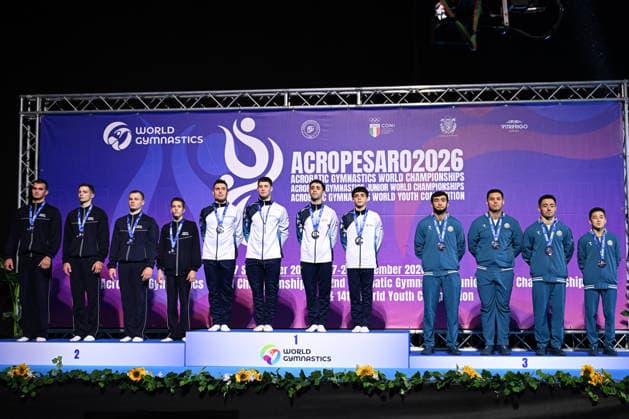IPA89041644 - Medal ceremony for the men s team at the 30th World Acrobatic Gymnastics Championships, held in Pesaro, Italy, on September 27, 2026  Copyright: xFilippoxTomasi IPAxSportx xx IPA89041644