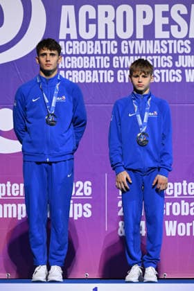 IPA89041649 - OSSOLODKOV Vsevolod OSSOLODKOV Yaroslav (USA) GOLD medal ceremony at the 30th World Acrobatic Gymnastics Championships, held in Pesaro, Italy, on September 27, 2026  Copyright: xFilippoxTomasi IPAxSportx xx IPA89041649