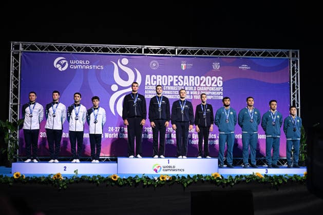 IPA89041645 - Medal ceremony for the men s team at the 30th World Acrobatic Gymnastics Championships, held in Pesaro, Italy, on September 27, 2026  Copyright: xFilippoxTomasi IPAxSportx xx IPA89041645