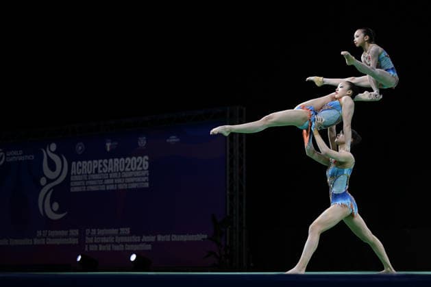 IPA89041625 - CHEN Yutong, LI Jiaxin, and LI Xiaozhen (CHN) at the 30th World Acrobatic Gymnastics Championships in Pesaro, Italy, on September 27, 2026  Copyright: xFilippoxTomasi IPAxSportx xx IPA89041625