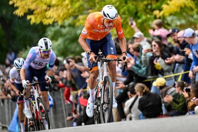 Dutch Mathieu van der Poel is pictured in action during the elite men Road Race race (273,7 km) at the cycling World Championship, WM, Weltmeisterschaft in Montreal, Canada, Sunday 27 September 2026. The UCI road world championships are taking place from 20 to 27 September, in Montreal, Canada. JASPERxJACOBS  x188001489x