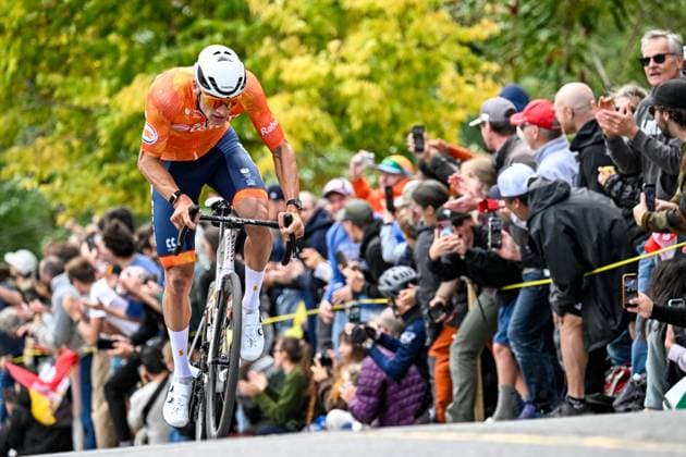 Dutch Mathieu van der Poel is pictured in action during the elite men Road Race race (273,7 km) at the cycling World Championship, WM, Weltmeisterschaft in Montreal, Canada, Sunday 27 September 2026. The UCI road world championships are taking place from 20 to 27 September, in Montreal, Canada. JASPERxJACOBS  x188001499x