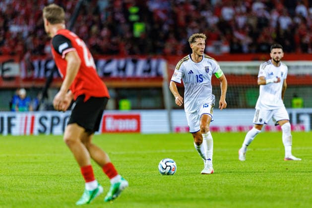 VIENNA, AUSTRIA - 27 SEPTEMBER 2026: Image shows Vojvoda MÃ«rgim (Kosovo, 15) during UEFA Nations League 2026 27 League B, Group B3, Matchday 2: Austria vs Kosovo at Ernst-Happel-Stadion on 27 09 2026 in Vienna, Austria. Austria Copyright: xFröhlichxPascalx
