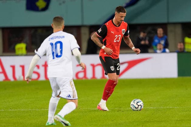 SOCCER - NL, AUT vs KOS VIENNA,AUSTRIA,27.SEP.26 - SOCCER - UEFA Nations League, OEFB international match, Länderspiel, Nationalmannschaft Austria vs Kosovo. Image shows Marco Friedl (AUT) and Edon Zhegrova (KOS).  GEPAxpictures xKevinxKada
