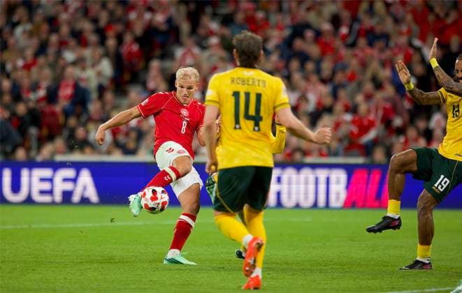 RECORD DATE NOT STATED Football - UEFA Nations League - Group A4 - Denmark v Wales COPENHAGEN, DENMARK - Sunday, September 27, 2026: Denmark s Gustav Isaksen scores the second goal during the UEFA Nations League Group A4 Matchday 2 match between Denmark and Wales at the Parken Stadium. Denmark won 2-0. (Photo by Amanda McMaster Propaganda) COPENHAGEN Parken Stadium COPENHAGEN DENMARK  Copyright: xAmandaxMcMasterx 2026-09-27-Denmark_v_Wales-023
