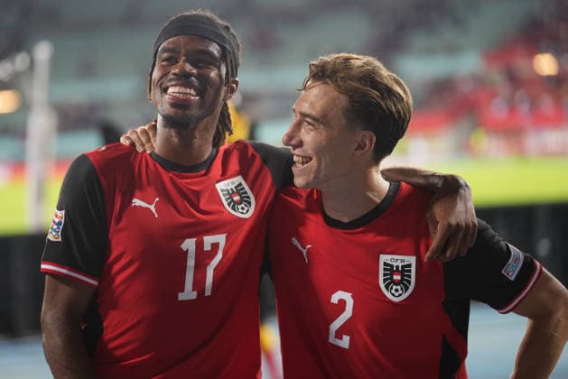 SOCCER - NL, AUT vs KOS VIENNA,AUSTRIA,27.SEP.26 - SOCCER - UEFA Nations League, OEFB international match, Länderspiel, Nationalmannschaft Austria vs Kosovo. Image shows the rejoicing of Carney Chukwuemeka and David Affengruber (AUT).  GEPAxpictures xKevinxKada