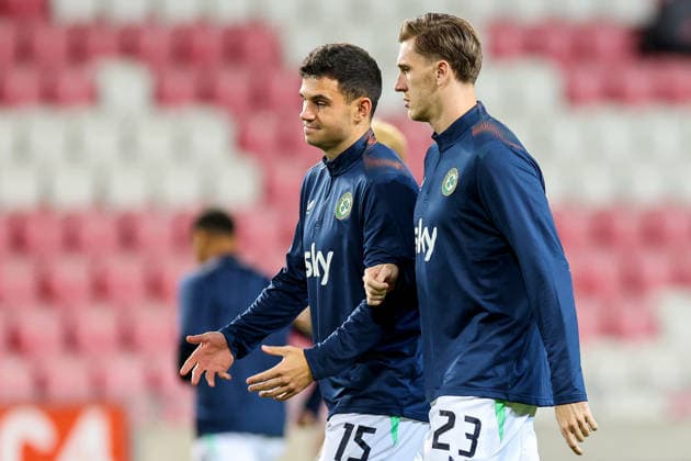 UEFA Nations League Group Stage, Nagyerdei Stadion, Debrecen, Hungary 27 9 2026 Israel vs Republic of Ireland Ireland s John Egan and Jimmy Dunne during the warm up ahead of the match John Egan and Jimmy Dunne during the warm up ahead of the match 27 9 2026  Copyright: xx RB1_4933