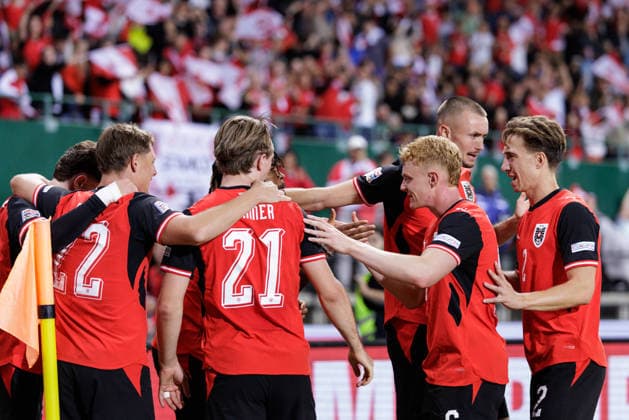 SOCCER - NL, AUT vs KOS VIENNA,AUSTRIA,27.SEP.26 - SOCCER - UEFA Nations League, OEFB international match, Länderspiel, Nationalmannschaft Austria vs Kosovo. Image shows the rejoicing of AUT with Carney Chukwuemeka (AUT).  GEPAxpictures xArminxRauthner