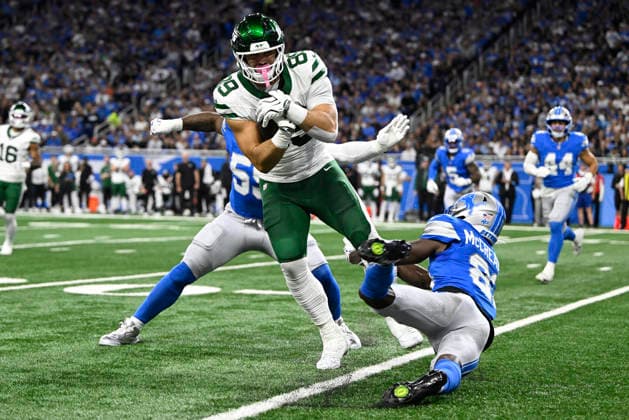 Sep 27, 2026; Detroit, MI, USA; New York Jets tight end Jeremy Ruckert (89) runs after a catch at Ford Field. Mandatory Credit: -Cal Media NFL, American Football Herren, USA 2026: Jets Vs Lions SEP 27  - ZUMAc04_ 20260927_zma_c04_015 Copyright: xAllanxDranbergx