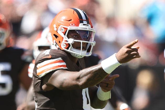 Cleveland Browns Deshaun Watson (4) reacts after running for a first down against the Carolina Panthers in the first quarter at Huntington Bank Field in Cleveland, Ohio on Sunday September 27, 2026.  CLE20260927109 AARONxJOSEFCZYK
