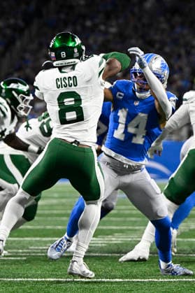 NFL, American Football Herren, USA 2026: Jets Vs Lions SEP 27 Sep 27, 2026; Detroit, MI, USA; Detroit Lions wide receiver Amon-Ra St. Brown (14) throws a block against New York Jets safety Andre Cisco (8) at Ford Field. Mandatory Credit: Allan Dranberg-Cal Media (Credit Image: Â Allan Dranberg Cal Sport Media) Detroit Mi USA EDITORIAL USE ONLY Copyright: xx ZUMA-20260927_zma_c04_024.jpg AllanxDranbergx csmphotothree527369
