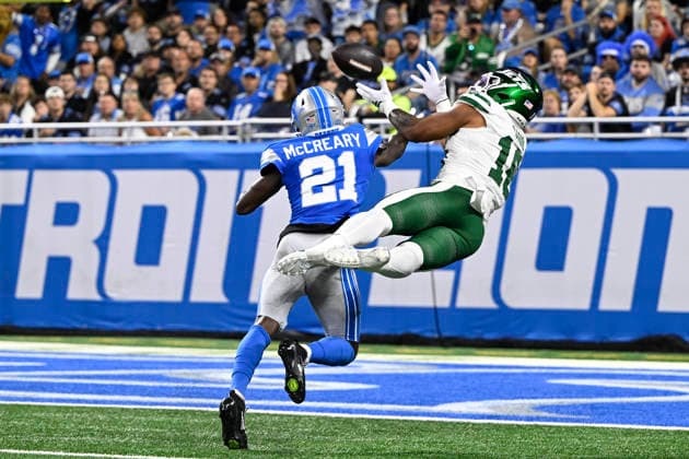 NFL, American Football Herren, USA 2026: Jets Vs Lions SEP 27 Sep 27, 2026; Detroit, MI, USA; New York Jets tight end Kenyon Sadiq (16) catches a touchdown pass at Ford Field. Mandatory Credit: Allan Dranberg-Cal Media (Credit Image: Â Allan Dranberg Cal Sport Media) Detroit Mi USA EDITORIAL USE ONLY Copyright: xx ZUMA-20260927_zma_c04_011.jpg AllanxDranbergx csmphotothree527382