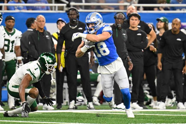 NFL, American Football Herren, USA 2026: Jets Vs Lions SEP 27 Sep 27, 2026; Detroit, MI, USA; Detroit Lions wide receiver Isaac TeSlaa (18) runs after a catch at Ford Field. Mandatory Credit: Allan Dranberg-Cal Media (Credit Image: Â Allan Dranberg Cal Sport Media) Detroit Mi USA EDITORIAL USE ONLY Copyright: xx ZUMA-20260927_zma_c04_007.jpg AllanxDranbergx csmphotothree527386