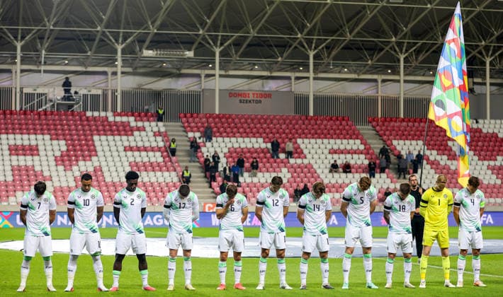 UEFA Nations League Group Stage, Nagyerdei Stadion, Debrecen, Hungary 27 9 2026 Israel vs Republic of Ireland The Ireland team duirng the Israel national anthem The Ireland team duirng the Israel national anthem 27 9 2026  Copyright: xx RB2_0190