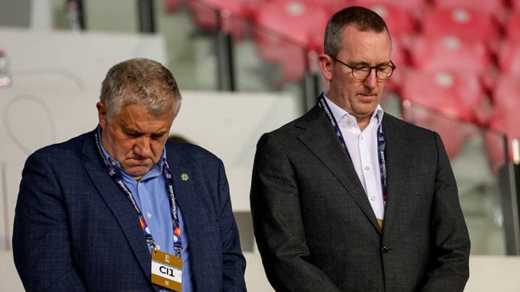 UEFA Nations League Group Stage, Nagyerdei Stadion, Debrecen, Hungary 27 9 2026 Israel vs Republic of Ireland FAI President Paul Cooke and FAI CEO David Courell duirng the Israel national anthem Paul Cooke and David Courell duirng the Israel national anthem 27 9 2026  Copyright: xx RB2_0256