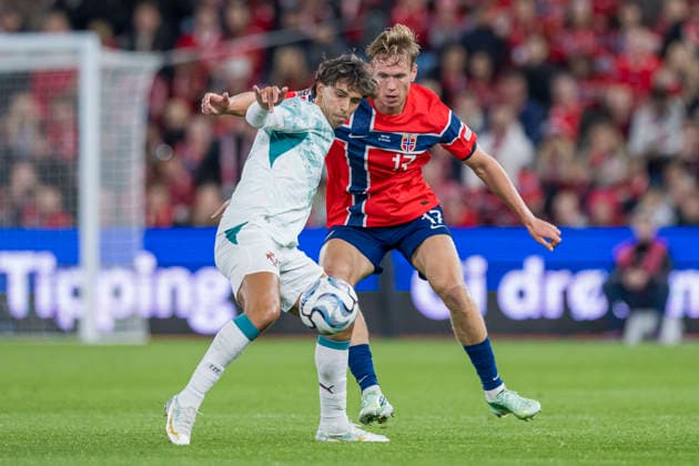 September 27, 2026: João Félix of Portugal and Torbjørn Lysaker Heggem of Norway during the Nations League soccer match between Norway and Portugal on September 27, 2026 in Oslo. Photo by Vegard Grott, BILDBYRAN, code VG VG1010 bbeng soccer football fotball Nations League international match Norway Portugal  Copyright: VEGARDxGRoTT BB260927VG029