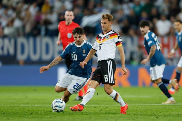 From left to right: Christos Zafeiris of Greece and Joshua Kimmich of Germany, in action during the UEFA Nations League match between Germany and Greece at the WWK Arena in Augsburg, Germany, on September 27, 2026, Augsburg, Germany, on September 27, 2026 Copyright: HMBxMedia xHeikoxBecker
