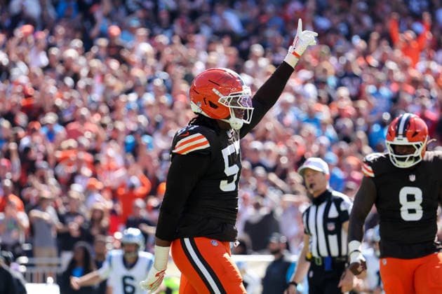 CLEVELAND, OH - SEPTEMBER 27: Cleveland Browns defensive end Isaiah McGuire (57) reacts after making a sack during the second quarter of the National Football League game between the Carolina Panthers and Cleveland Browns on September 27, 2026, at Huntington Bank Field in Cleveland, OH. (Photo by Frank Jansky Icon Sportswire) NFL, American Football Herren, USA SEP 27 Panthers at Browns EDITORIAL USE ONLY Icon260927010