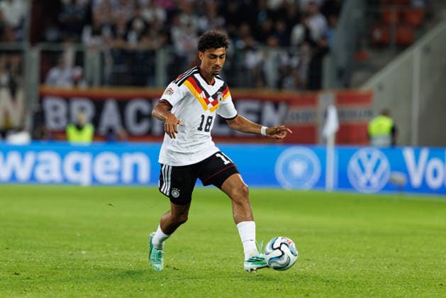 Nathaniel Brown, 18, Germany, in the match between Germany and Greece, soccer, men s, UEFA Nations League, 2026–2027, Matchday 2 on September 27, 2026, in Augsburg, WWK Arena, Bavaria, Germany