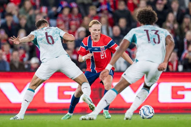 260927 Andreas Schjelderup of Norway during the Nations League soccer match between Norway and Portugal on September 27, 2026, in Oslo. Photo by Vegard Grott, BILDBYRAN. Code: VG VG1010 bbeng soccer football fotball Nations League international match Norway Portugal  Copyright: VEGARDxGRoTT BB260927VG031