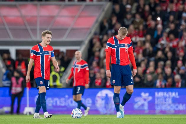 September 27, 2026: Martin Ødegaard and Erling Braut Haaland of Norway look dejected after a 0–1 loss during the Nations League soccer match between Norway and Portugal on September 27, 2026 in Oslo. Photo by Vegard Grott, BILDBYRAN. Code: VG VG1010 bbeng soccer football fotball Nations League international match Norway Portugal depp  Copyright: VEGARDxGRoTT BB260927VG032
