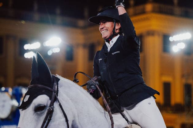 EQUESTRIAN - GCT, GP Vienna VIENNA,AUSTRIA,27.SEP.26 - EQUESTRIAN - Global Champions Tour, Grand Prix of Vienna. Image shows the rejoicing of Katharina Rhomberg (AUT) on Colestus Cambridge.  GEPAxpictures xAlexanderxSolc