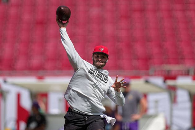 Sep 27, 2026; Tampa, FL, USA; Tampa Bay Buccaneers quarterback Baker Mayfield (6) warms up ahead of an NFL, American Football Herren, USA football game between the Minnesota Vikings and Tampa Bay Buccaneers at Raymond James Stadium in Tampa, Florida. Mandatory Credit: Taylor McFee-Cal Media Tampa USA - ZUMAc04_ 20260927_zma_c04_047 Copyright: xTaylorxMcfeex