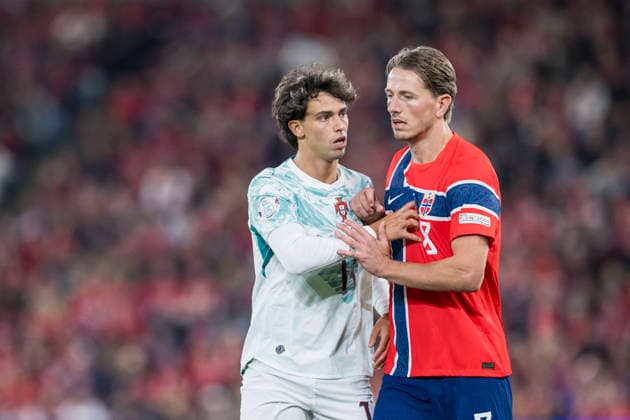 September 27, 2026: João Félix of Portugal and Sander Berge of Norway during the Nations League soccer match between Norway and Portugal on September 27, 2026 in Oslo. Photo by Vegard Grott, BILDBYRAN. Code: VG VG1010 bbeng soccer football fotball Nations League international match Norway Portugal  Copyright: VEGARDxGRoTT BB260927VG035