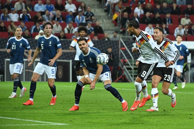 September 27, 2026, xemx, Soccer UEFA Nations League, Germany vs. Greece, Konstantinos Mavropanos (Greece), Kevin Schade (German National Soccer Team, DFB), Younes Ebnoutalib (German National Soccer Team, DFB), Augsburg