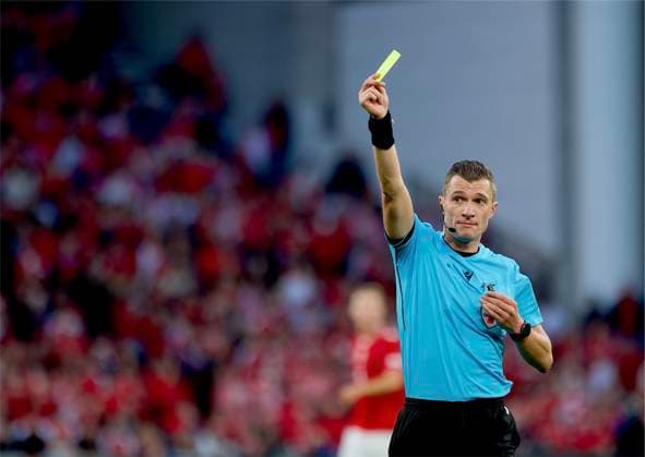 RECORD DATE NOT STATED Football - UEFA Nations League - Group A4 - Denmark v Wales COPENHAGEN, DENMARK - Sunday, September 27, 2026: Referee Willy Delajod shows a yellow card during the UEFA Nations League Group A4 Matchday 2 match between Denmark and Wales at the Parken Stadium. Denmark won 2-0. (Photo by Amanda McMaster Propaganda) COPENHAGEN Parken Stadium COPENHAGEN DENMARK  Copyright: xAmandaxMcMasterx 2026-09-27-Denmark_v_Wales-078