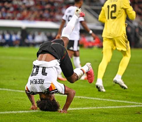 September 27, 2026, Soccer: 2026–2027 UEFA Nations League, Matchday 2, Germany vs. Greece, at the WWK Arena in Augsburg; Karim Adeyemi of Germany is rolling around on the ground
