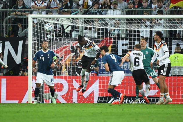 September 27, 2026, xemx, Soccer UEFA Nations League, Germany vs. Greece Vangelis Pavlidis Greece Yann Aurel Bisseck German National Soccer Team DFB Konstantinos Mavropanos Greece Alexander Nübel German National Soccer Team DFB Joshua Kimmich German National Soccer Team DFB Felix Nmecha German National Soccer Team DFB Augsurg