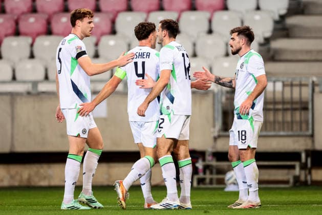 UEFA Nations League Group Stage, Nagyerdei Stadion, Debrecen, Hungary 27 9 2026 Israel vs Republic of Ireland Ireland s Dara O Shea celebrates with Ryan Manning after Adam Idah scores his sides second goal of the match Dara O Shea celebrates with Ryan Manning after Adam Idah scores his sides second goal of the match 27 9 2026  Copyright: xx 0NIK3854