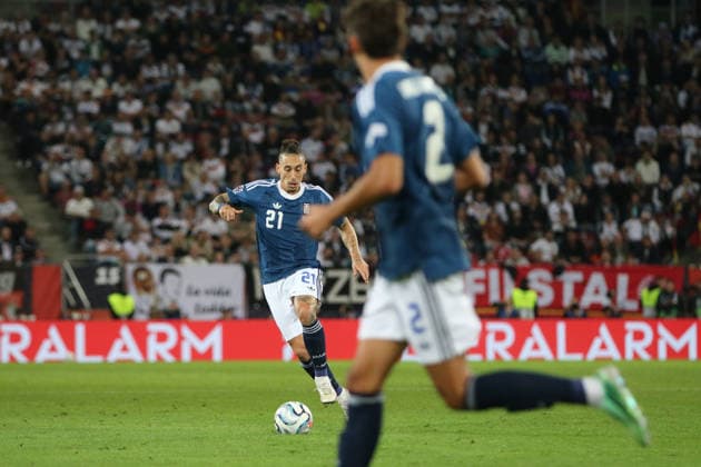 September 27, 2026 Men s Soccer 2026–2027 UEFA Nations League Matchday 2 Germany vs. Greece WWK Arena, Augsburg Kostas Tsimikas (Greece), 21, in blue with the ball, Augsburg, Bavaria, Germany